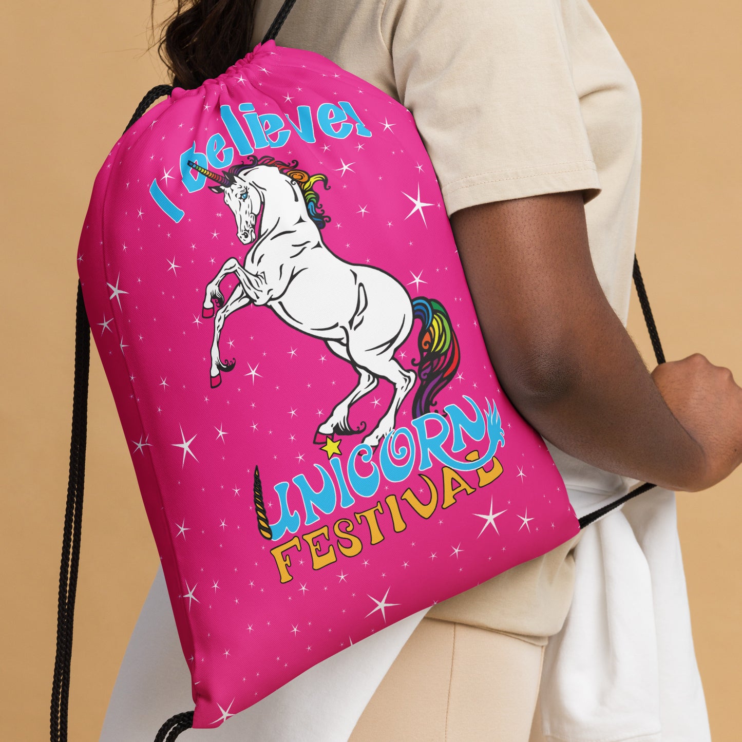 Unicorn Festival Pink Drawstring Bag
